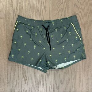 Simons Olive Swim Shorts with Neon Palm Design